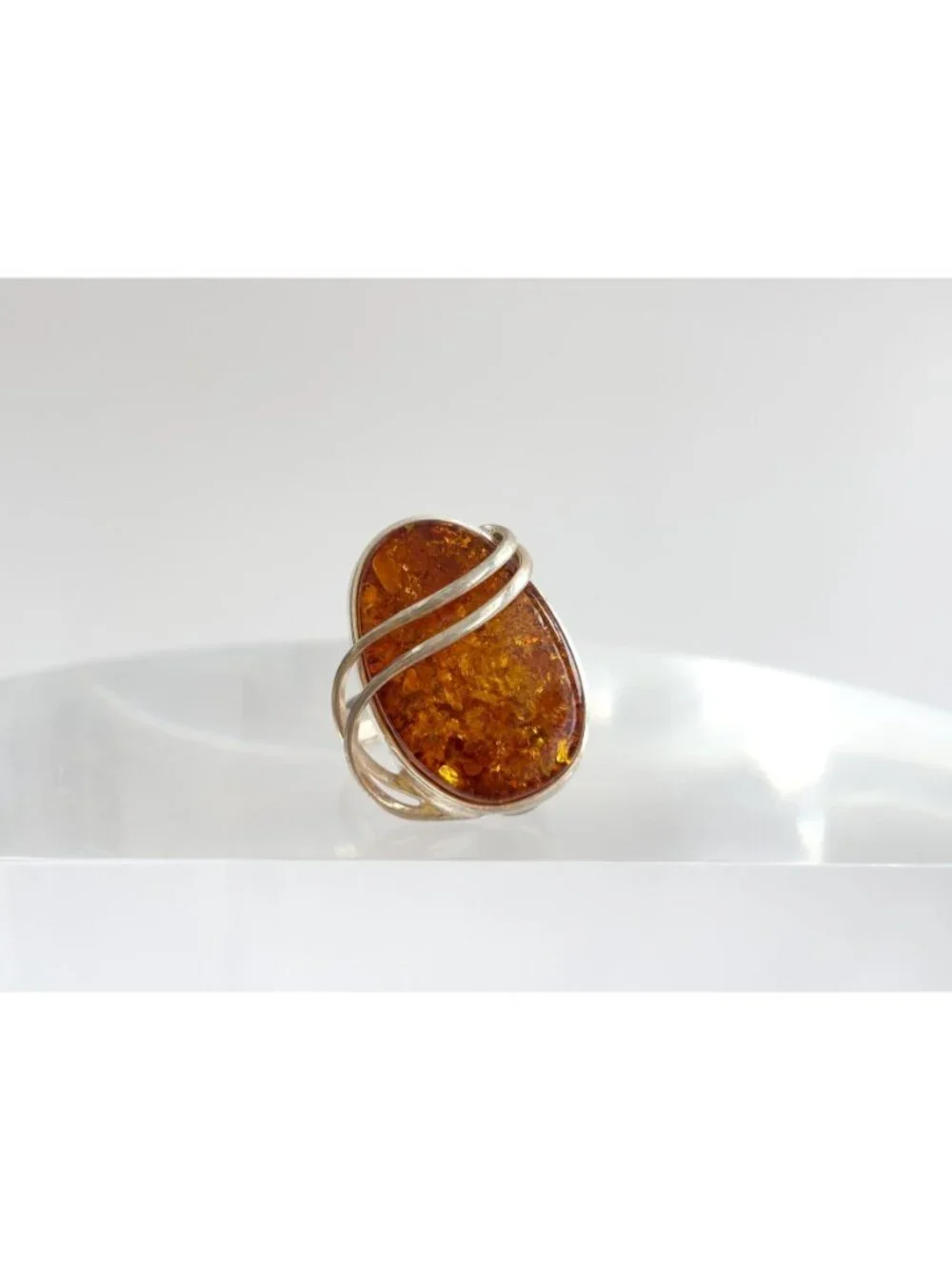 Modernist Genuine Baltic Amber Stone Sterling Silver 925 Vintage Ring - sz 7.5